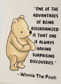 One of the advantages of being disorganized is that one is always having surprising discoveries. --Winnie The Pooh